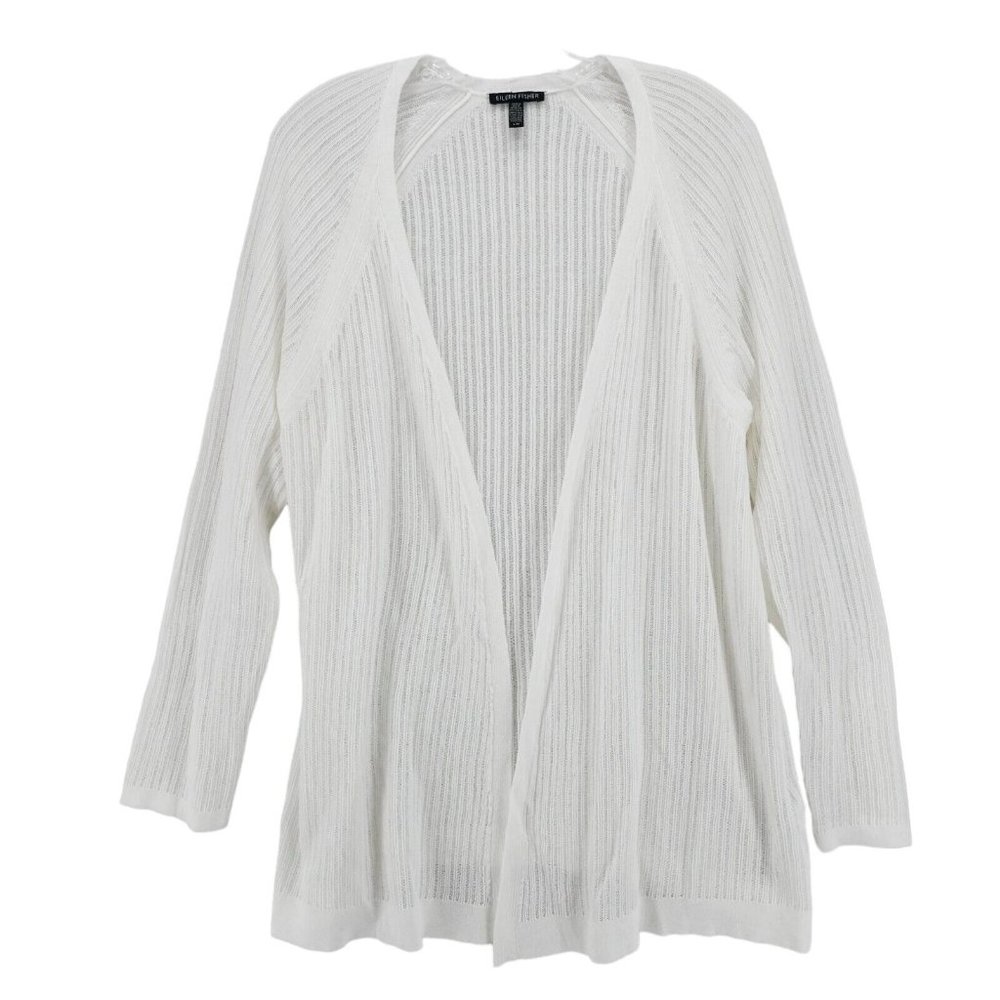 Eileen Fisher White Cardigan Open Front Ribbed Textured Organic Cotton  LARGE